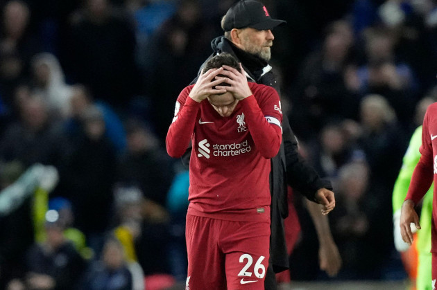 liverpools-andrew-robertson-reacts-after-the-english-premier-league-soccer-match-between-brighton-and-liverpool-at-the-falmer-stadium-in-brighton-england-saturday-jan-14-2023-ap-photofrank-au