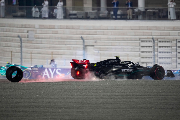 mercedes-driver-lewis-hamilton-of-britain-crashes-at-the-start-of-the-qatar-formula-one-grand-prix-auto-race-at-the-lusail-international-circuit-in-lusail-qatar-sunday-oct-8-2023-ap-photodark