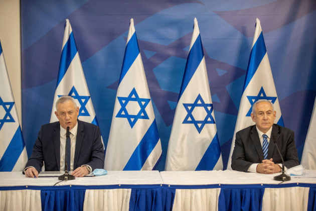 file-in-july-27-2020-file-photo-israeli-prime-minister-benjamin-netanyahu-right-and-israeli-defense-minister-benny-gantz-issue-a-statement-at-the-israeli-defense-ministry-in-tel-aviv-israel-ne