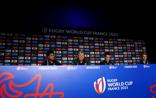 new-zealands-leicester-faingaanuku-left-head-coach-ian-foster-centre-left-and-will-jordan-centre-right-during-the-press-conference-at-the-stade-de-france-in-paris-france-picture-date-frida