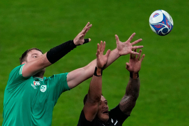 irelands-peter-omahony-left-wins-a-line-out-against-new-zealands-shannon-frizell-during-the-rugby-world-cup-quarterfinal-match-between-ireland-and-new-zealand-at-the-stade-de-france-in-saint-deni