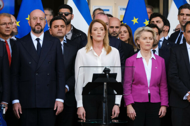 brussels-belgium-11th-oct-2023-eu-parliament-president-roberta-metsola-eu-commission-president-ursula-von-der-leyen-eu-council-president-charles-michel-in-solemn-moment-on-the-european-parliamen