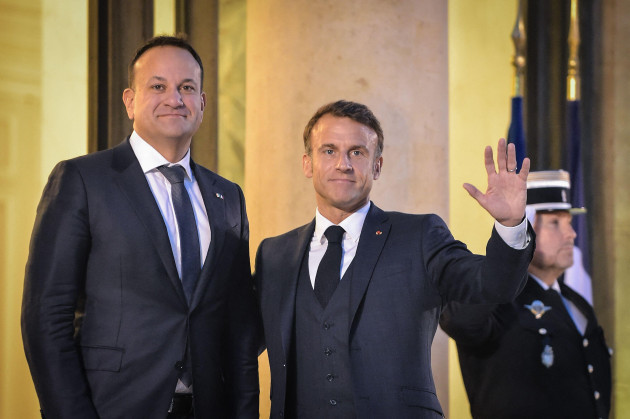 paris-france-15th-oct-2023-french-president-emmanuel-macron-r-welcomes-irish-prime-minister-leo-varadkar-at-the-elysee-palace-in-paris-france-on-october-15-2023-photo-by-firas-abdullahabaca