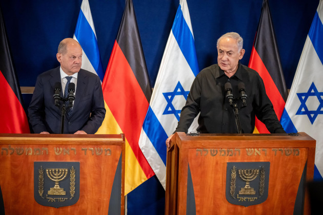 tel-aviv-israel-17th-oct-2023-german-chancellor-olaf-scholz-spd-takes-part-in-a-press-meeting-after-the-talks-alongside-benjamin-netanyahu-r-prime-minister-of-israel-the-chancellor-will-then