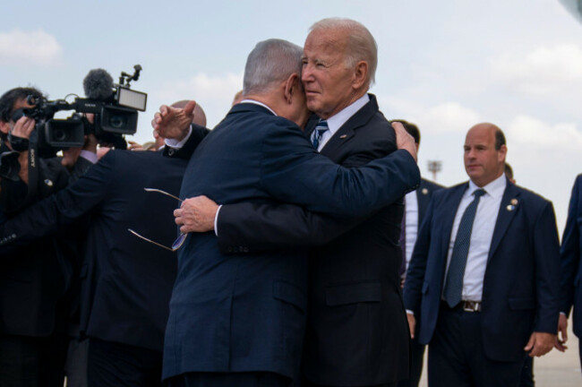 president-joe-biden-is-greeted-by-israeli-prime-minister-benjamin-netanyahu-after-arriving-at-ben-gurion-international-airport-wednesday-oct-18-2023-in-tel-aviv-ap-photoevan-vucci