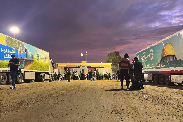 humanitarian-aid-convoy-for-the-gaza-strip-is-parked-at-the-rafah-crossing-port-egypt-tuesday-oct-17-2023-hundreds-of-palestinians-in-the-gaza-strip-have-fled-their-homes-ahead-of-an-expected-is