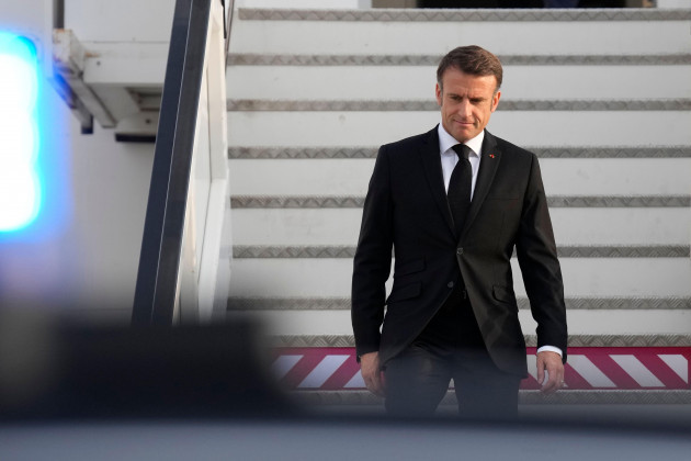 french-president-emmanuel-macron-arrives-at-the-ben-gurion-airport-tuesday-oct-24-2023-in-tel-aviv-emmanuel-macron-is-traveling-to-israel-to-show-frances-solidarity-with-the-country-and-further