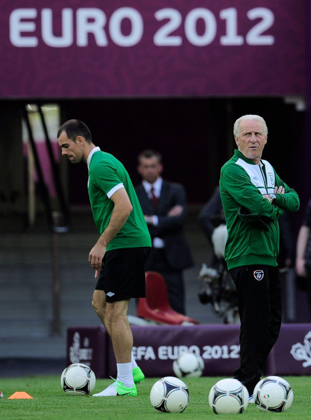 ireland-coach-giovanni-trapattoni-right-looks-to-his-team-player-darron-gibson-left-during-the-official-training-on-the-eve-of-the-euro-2012-soccer-championship-group-c-match-between-spain-and-ire