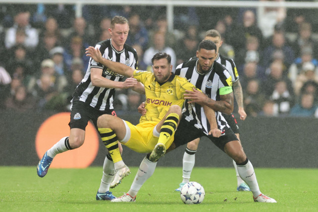 newcastle-uk-25th-oct-2023-niclas-fullkrug-14-of-borussia-dortmund-fouled-by-jamaal-lascelles-6-of-newcastle-united-during-the-uefa-champions-league-match-newcastle-united-vs-borussia-dortmund-a