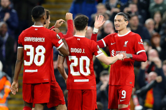 liverpool-uk-26th-oct-2023-darwin-nunez-of-liverpool-r-celebrates-with-his-teammates-after-scoring-his-teams-3rd-goal-uefa-europa-league-group-e-match-liverpool-v-toulouse-at-anfield-in-liverp