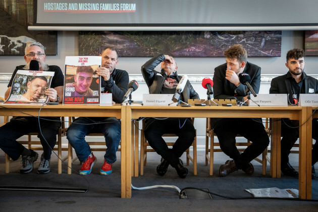 copenhagen-denmark-30th-oct-2023-yossef-avi-yair-yoav-angel-daniel-elgarat-amit-parpara-and-ofir-tamir-seen-from-left-relatives-of-hostages-in-gaza-meet-the-danish-press-in-the-danish-parlia