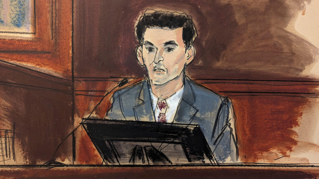in-this-courtroom-sketch-ftx-founder-sam-bankman-fried-is-questioned-during-his-trial-in-manhattan-federal-court-thursday-oct-26-2023-in-new-york-elizabeth-williams-via-ap