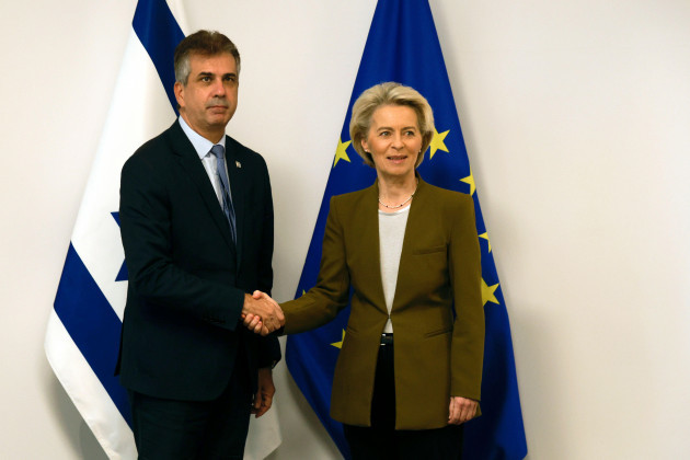 israels-foreign-minister-eli-cohen-left-is-greeted-by-european-commission-president-ursula-von-der-leyen-at-the-european-parliament-in-brussels-wednesday-nov-8-2023-israels-foreign-minister-e