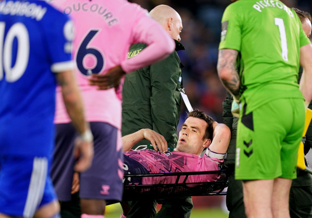 file-photo-dated-01-05-2023-of-evertons-seamus-coleman-leaves-the-pitch-on-a-stretcher-after-becoming-injured-during-the-premier-league-match-at-the-king-power-stadium-leicester-everton-captain-sea