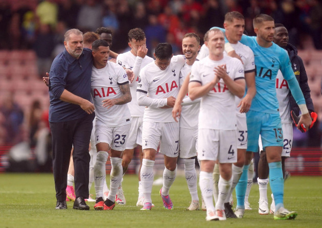 tottenham-hotpsur-manager-ange-postecoglou-and-pedro-porro-after-the-final-whistle-of-the-premier-league-match-at-the-vitality-stadium-bournemouth-picture-date-saturday-august-26-2023