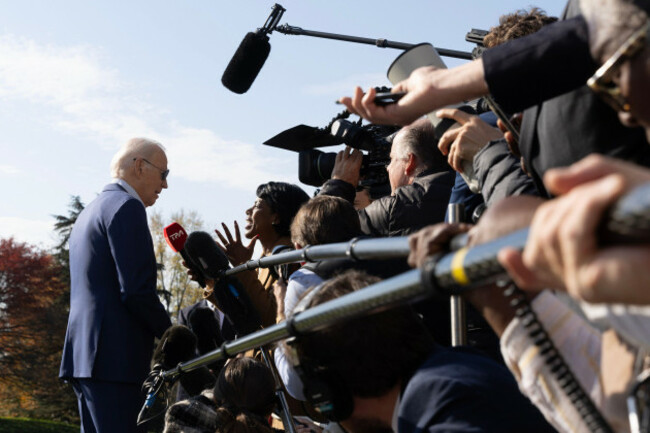 washington-united-states-09th-nov-2023-us-president-joe-biden-speaks-to-members-of-the-news-media-as-he-departs-the-south-lawn-of-the-white-house-en-route-to-illinois-in-washington-dc-on-thursda