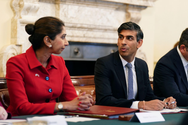 britains-home-secretary-suella-braverman-listens-to-britains-prime-minister-rishi-sunak-as-he-hosts-a-policing-roundtable-at-10-downing-street-london-thursday-oct-12-2023-james-manningpool-ph