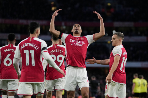arsenals-william-saliba-celebrates-scoring-his-sides-2nd-goal-during-the-english-premier-league-soccer-match-between-arsenal-and-burnley-at-emirates-stadium-in-london-england-saturday-nov-11-20