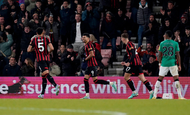 bournemouths-dominic-solanke-centre-celebrates-scoring-their-sides-second-goal-of-the-game-during-the-premier-league-match-at-the-vitality-stadium-bournemouth-picture-date-saturday-november-11