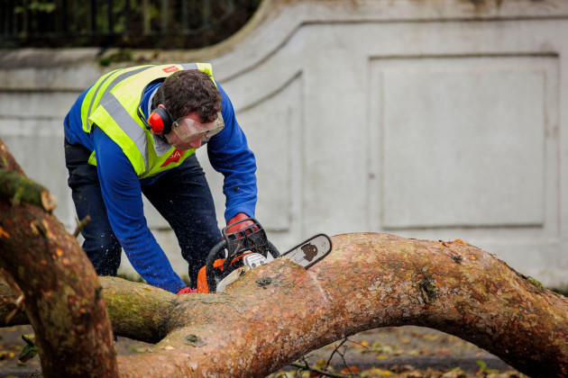 a-man-using-a-chainsaw-cuts-a-fallen-tree-on-the-dublin-road-in-dundalk-co-louth-heavy-winds-and-fallen-trees-have-been-reported-across-the-country-as-local-authorities-begin-to-assess-the-damage-as