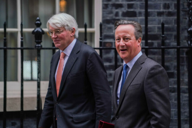 london-uk-14-november-2023-david-cameron-who-is-the-newly-appointed-secretary-of-state-for-foreign-commonwealth-and-development-affairs-and-andrew-mitchell-the-minister-of-state-for-development