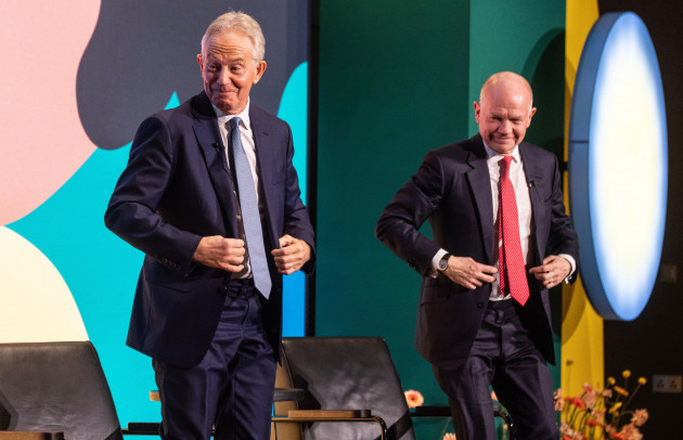 tony-blair-left-and-william-hague-at-the-shaping-us-national-symposium-at-the-design-museum-in-london-picture-date-wednesday-november-15-2023