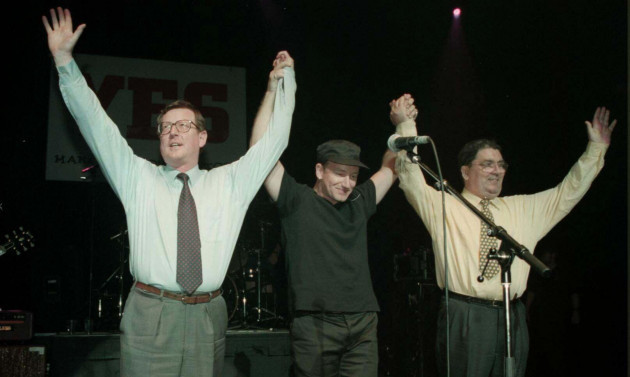 file-picture-dated-19598-of-ulster-unionist-leader-david-trimble-left-u2-singer-bono-and-sdlp-leader-john-hume-on-stage-for-the-yes-concert-at-the-waterfront-hall-in-belfast-the-buzz-generate