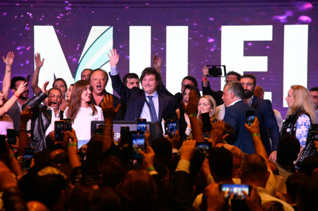 buenos-aires-argentina-22nd-oct-2023-javier-milei-m-presidential-candidate-of-the-la-libertad-avanza-party-is-cheered-by-supporters-after-the-announcement-of-the-election-results-credit-igor