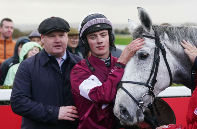 winning-jockey-danny-gilligan-and-trainer-gordon-elliott-with-coko-beach-after-winning-the-bar-one-racing-troytown-handicap-steeplechase-grade-c-on-day-two-of-the-navan-racing-festival-at-navan-race