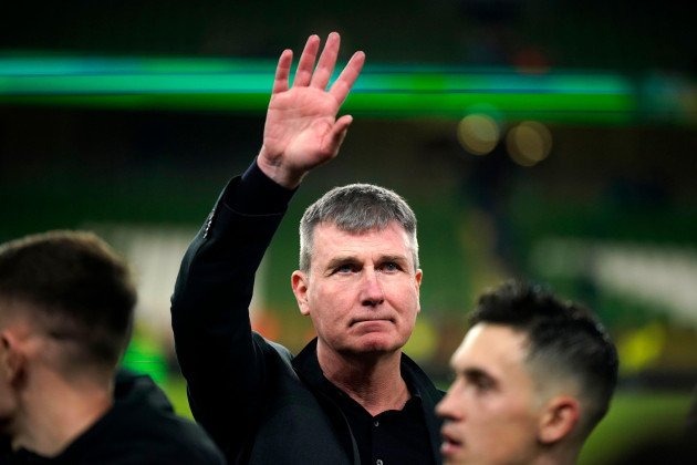 republic-of-ireland-head-coach-stephen-kenny-acknowledges-the-fans-after-the-final-whistle-in-an-international-friendly-match-at-the-aviva-stadium-dublin-picture-date-tuesday-november-21-2023