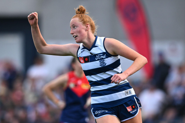 melbourne-australia-19th-nov-2023-aishling-moloney-of-geelong-reacts-after-kicking-a-goal-during-the-aflw-semi-final-match-between-the-melbourne-demons-and-the-geelong-cats-at-ikon-park-in-melbour