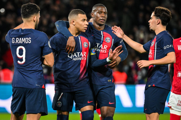 paris-france-france-24th-nov-2023-kylian-mbappe-of-psg-celebrate-his-goal-with-goncalo-ramos-of-psg-nordi-mukiele-of-psg-and-vitor-machado-ferreira-vitinha-of-psg-during-the-ligue-1-match-betw