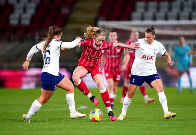 tottenham-hotspurs-kit-graham-left-and-bristol-citys-megan-connolly-battle-for-the-ball-during-the-fa-womens-continental-tyres-league-cup-group-d-match-at-brisbane-road-london-picture-date-wed