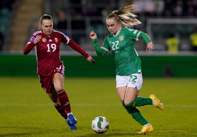 hungarys-dora-zeller-left-and-republic-of-irelands-isibeal-atkinson-battle-for-the-ball-during-the-uefa-womens-nations-league-group-b1-match-at-the-tallaght-stadium-dublin-picture-date-friday