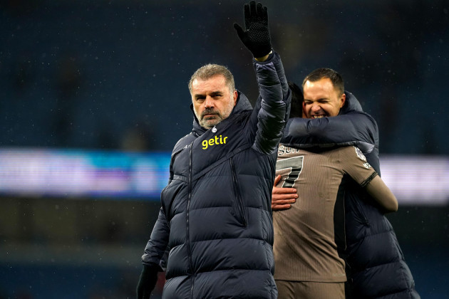 tottenham-hotspur-manager-ange-postecoglou-applauds-the-fans-after-the-final-whistle-in-the-premier-league-match-at-the-etihad-stadium-manchester-picture-date-sunday-december-3-2023
