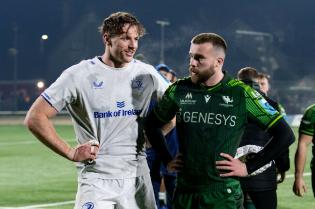 galway-ireland-03rd-dec-2023-ryan-baird-of-leinster-and-mack-hansen-of-connacht-after-the-united-rugby-championship-round-7-match-between-connacht-rugby-and-leinster-rugby-at-the-sportsground-in-g