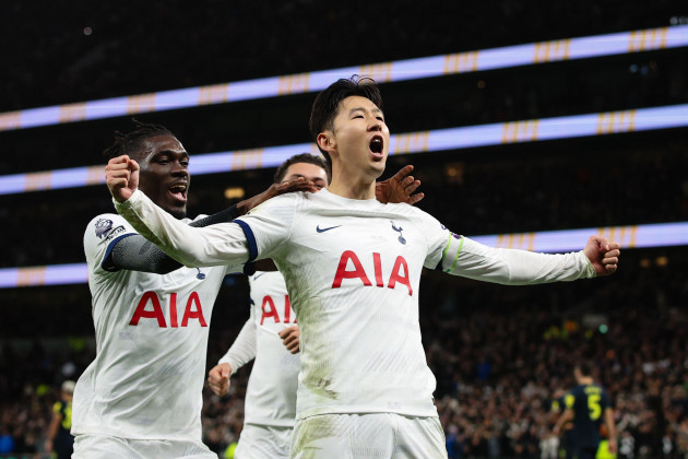 london-uk-10th-dec-2023-heung-min-son-of-tottenham-hotspur-celebrates-scoring-his-sides-fourth-goal-from-the-penalty-spot-during-the-premier-league-match-between-tottenham-hotspur-and-newcastle