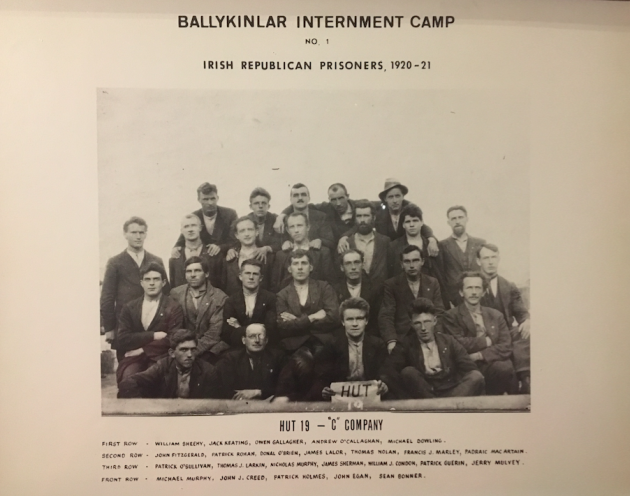 Patsy Holmes_Hut 19, 'C' Company, Ballykinlar Camp No. 1, 1921 (Patsy Holmes is holding the sign) Courtesy of Matthew J. Larkin