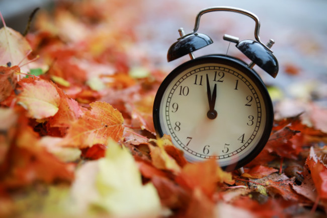 alarmclockonautumnleavesnaturalbackground