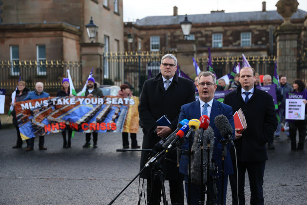 left-to-right-deputy-leader-of-the-dup-gavin-robinson-leader-of-the-dup-sir-jeffrey-donaldson-and-gordon-lyons-speak-to-media-outside-hillsborough-castle-after-talks-between-northern-ireland-secret