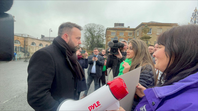 sdlp-leader-colum-eastwood-speaks-with-unison-chairwoman-stephanie-greenwood-outside-hillsborough-castle-ahead-of-a-roundtable-talk-on-stormont-finances-with-northern-ireland-secretary-chris-heaton-h