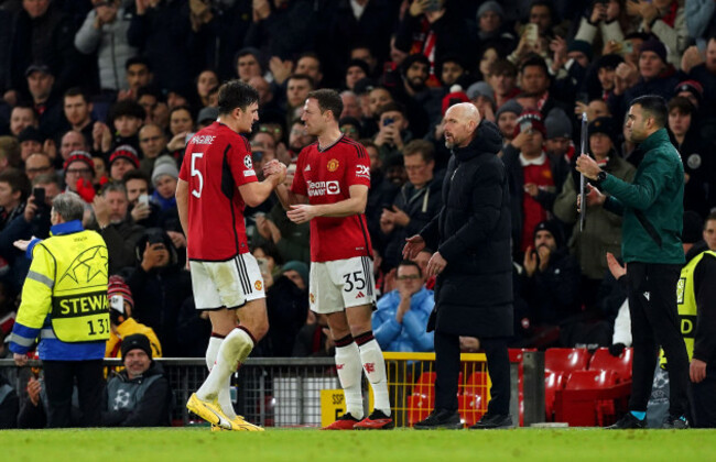 manchester-uniteds-jonny-evans-replaces-harry-maguire-during-the-uefa-champions-league-group-a-match-at-old-trafford-manchester-picture-date-tuesday-december-12-2023