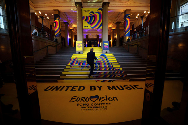 eurovision-song-contest-signage-is-seen-on-a-staircase-at-liverpools-st-georges-hall-before-an-opening-event-at-the-landmark-building-liverpool-england-tuesday-jan-31-2023-the-event-marks-the