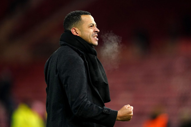 hull-city-manager-liam-rosenior-celebrates-after-the-final-whistle-in-the-sky-bet-championship-match-at-riverside-stadium-middlesbrough-picture-date-wednesday-december-13-2023