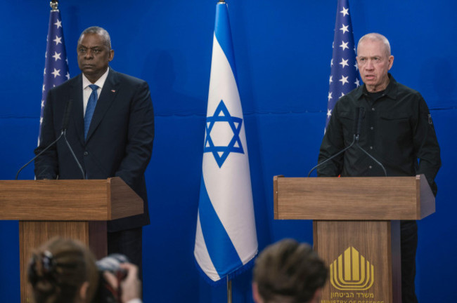 tel-aviv-israel-18th-dec-2023-u-s-secretary-of-defense-lloyd-austin-left-listens-to-a-question-during-a-joint-press-conference-with-israeli-defense-minister-yoav-gallant-right-following-their