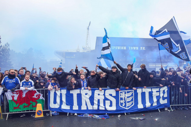 ipswich-uk-16th-dec-2023-ipswich-fans-ahead-of-the-match-with-flags-and-flares-during-the-ipswich-town-fc-v-norwich-city-fc-sky-bet-efl-championship-match-at-portman-road-ipswich-england-united
