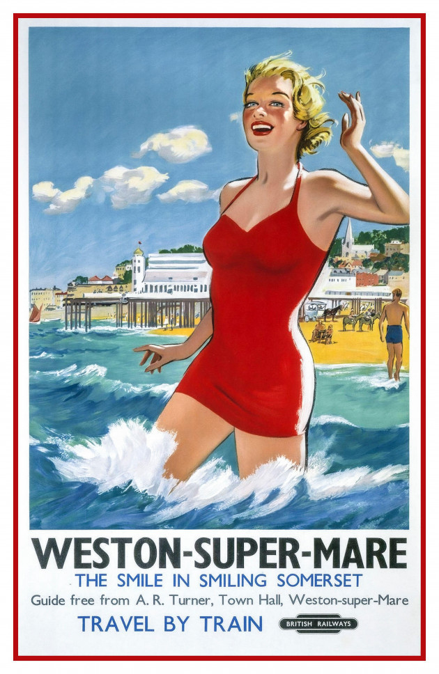 vintage-1950s-travel-poster-produced-by-british-railways-br-to-promote-train-services-to-weston-super-mare-in-somerset-uk-the-smile-in-smiling-somerset-travel-by-train