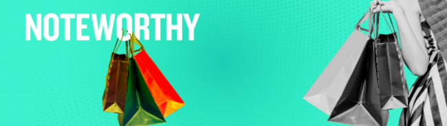 Design for Fast Fashion. A woman holds shopping bags and shopping bags hang off the word 'Noteworthy'