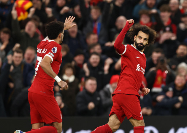 liverpool-uk-23rd-dec-2023-mohamed-salah-of-liverpool-r-celebrates-scoring-the-equalising-goal-1-1-during-the-premier-league-match-at-anfield-liverpool-picture-credit-should-read-darren-sta