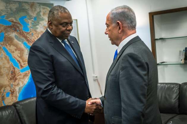 tel-aviv-israel-18th-dec-2023-u-s-secretary-of-defense-lloyd-austin-left-shakes-hands-with-israeli-prime-minister-benjamin-netanyahu-right-before-a-bilateral-meeting-december-18-2023-in-tel